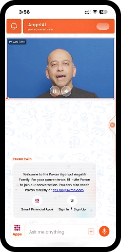 AngelAi app: video chat screen with advisor Pavan Agarwal