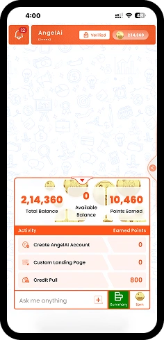 AngelAi app: account balance and points-earned dashboard