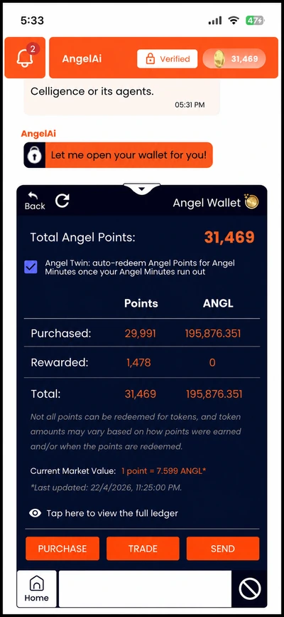 Angel Wallet balance screen showing total Angel Points