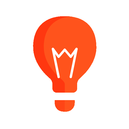 Animated orange light bulb radiating rays, marking AngelAi's warranted and deterministic answer