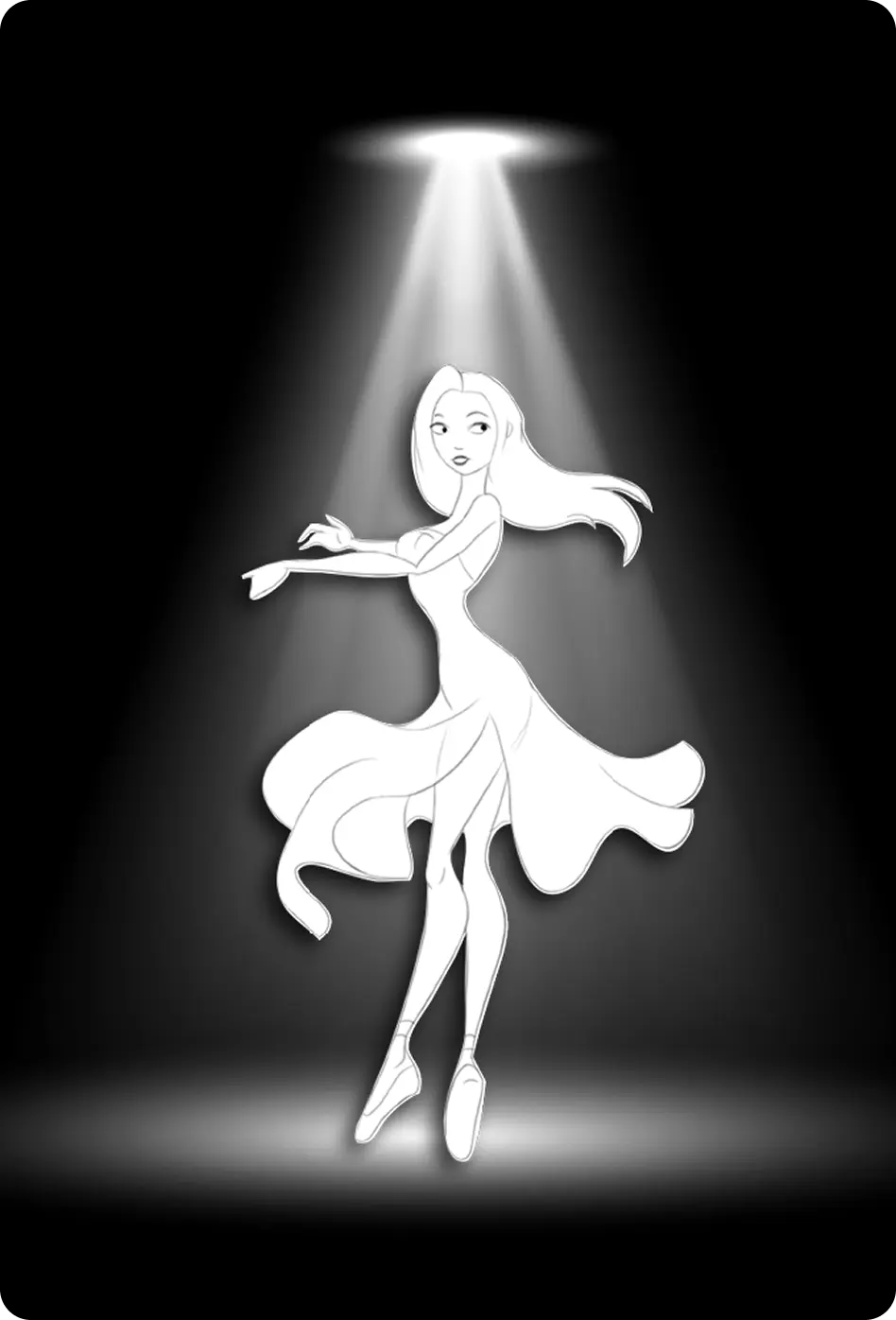 Line-art AngelAi dancer in a flowing dress, spotlit on a dark stage